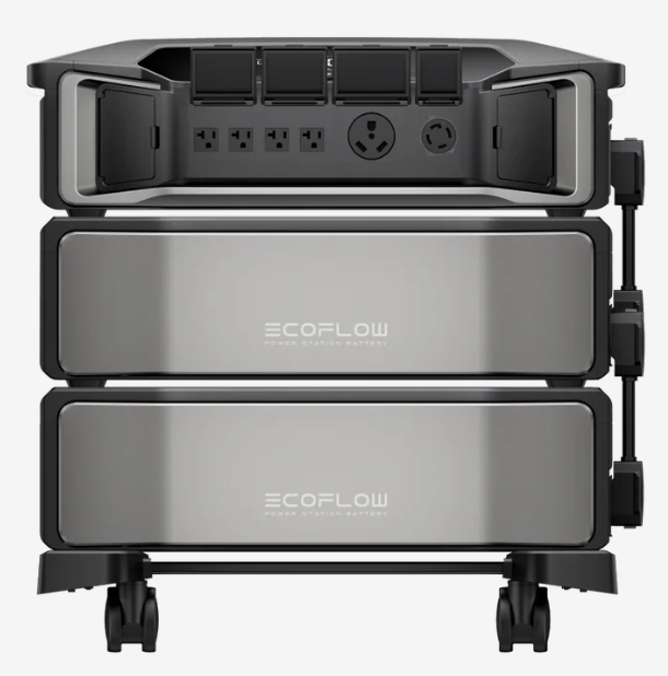 One EcoFlow inverter with two stacked batteries on a rolling base