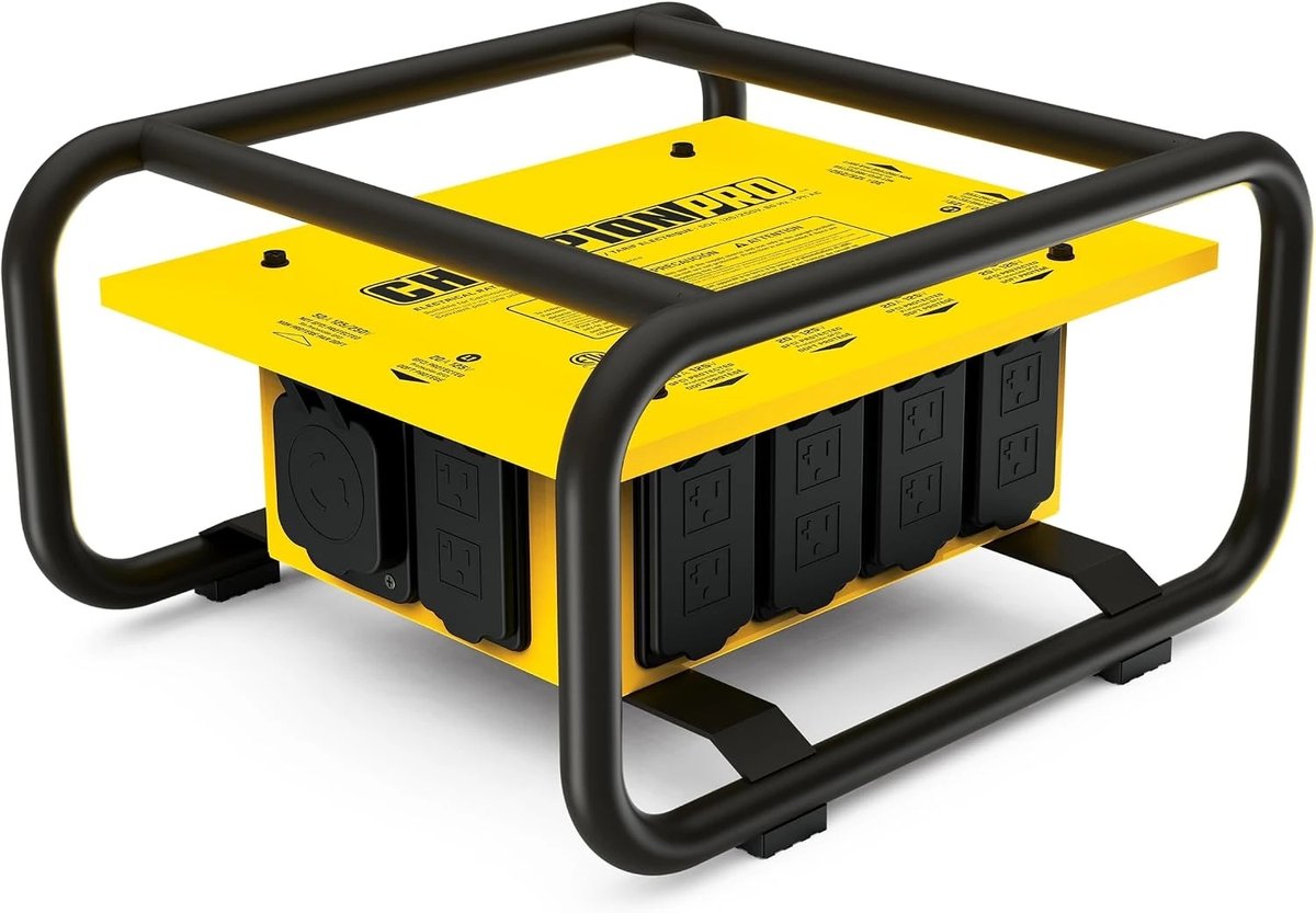 Pro-grade power distribution unit — heavy-duty roll-cage frame, multiple 20-amp GFCI outlets, and 50-amp twist-lock inlet