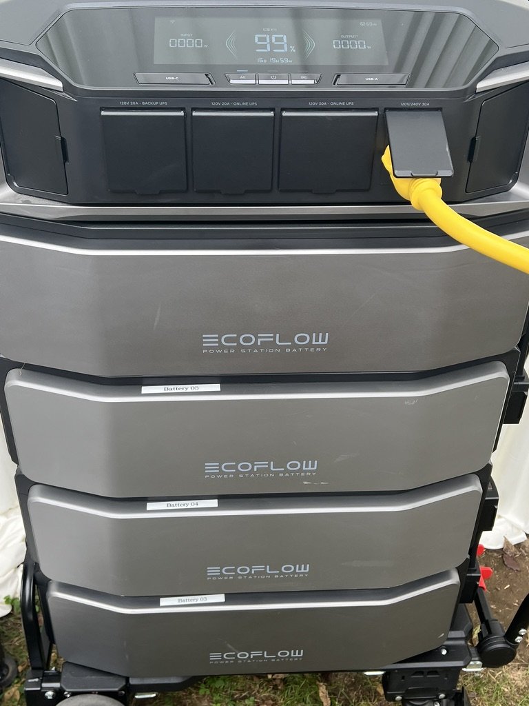 EcoFlow DELTA Pro Ultra inverter display, fully charged, three batteries stacked below