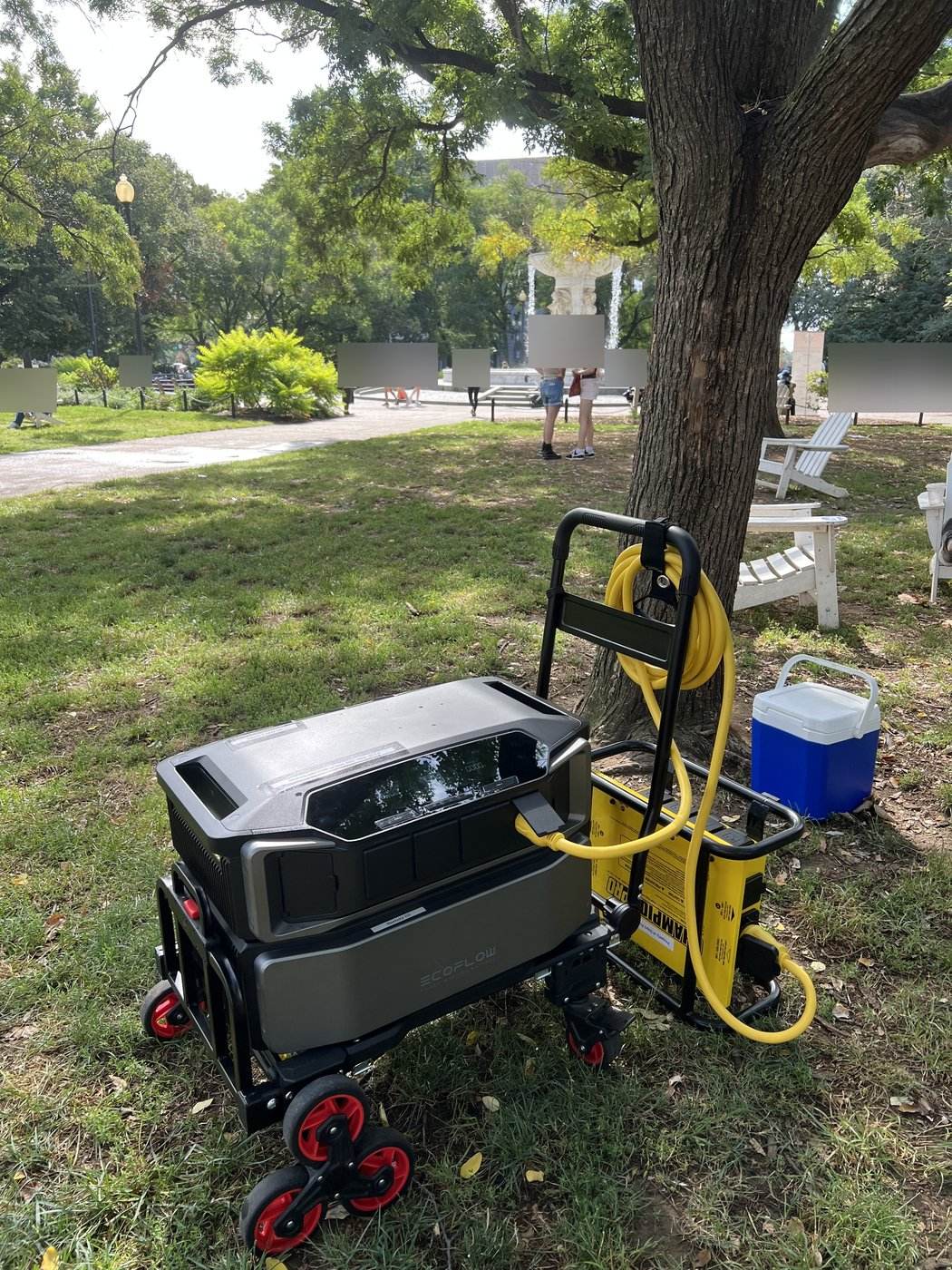 Silent Power cart deployed at a park event beside a fountain